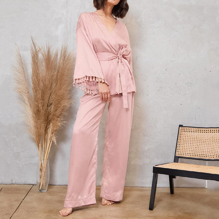 Womens Tassel Long Sleeves Satin Pajamas 2 Pieces Robe Set Pink Pajama Robe Sleepwear