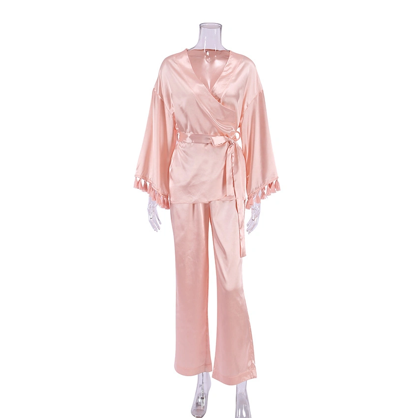 Womens Tassel Long Sleeves Satin Pajamas 2 Pieces Robe Set Pink Pajama Robe Sleepwear